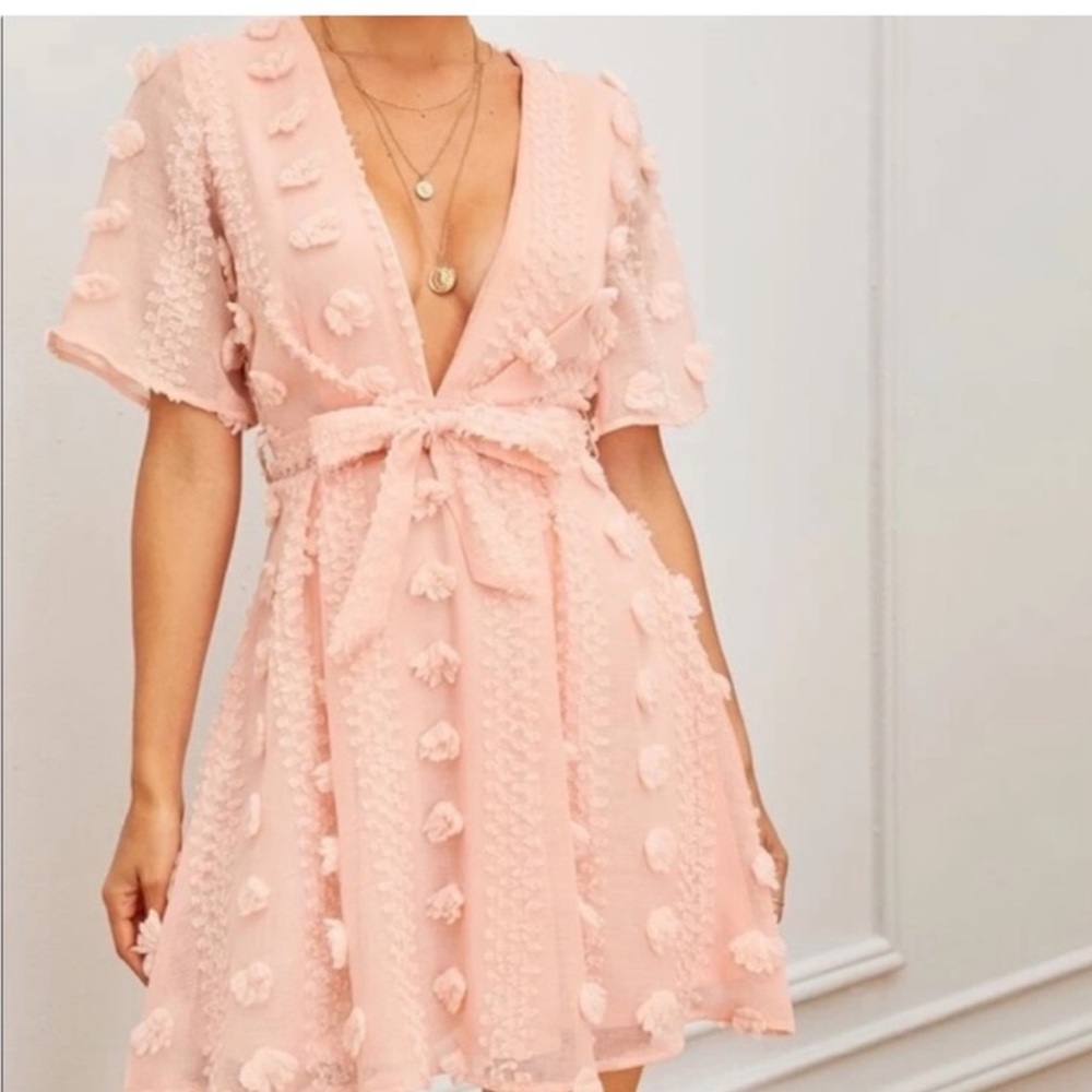 Pink plunge dot detail dress